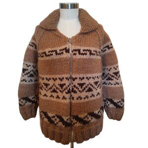 Vintage Women's Hand Knit Wool Cowichan Style Full Zip Cardigan Sweater S/Med